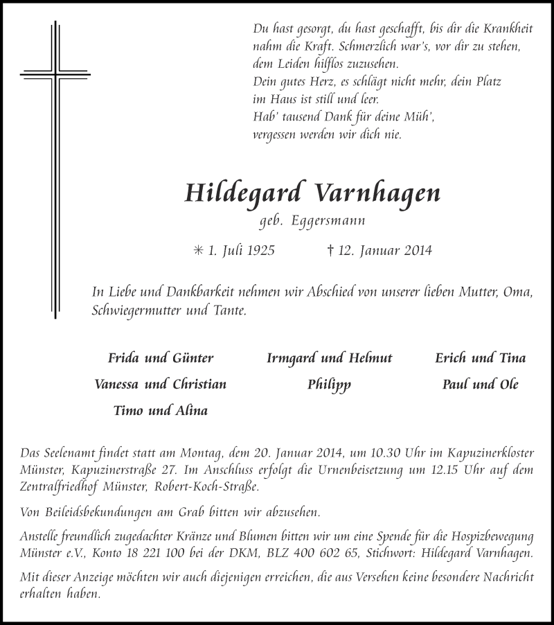  Traueranzeige für Josef Varnhagen vom 15.01.2014 aus Münstersche Zeitung und Grevener Zeitung