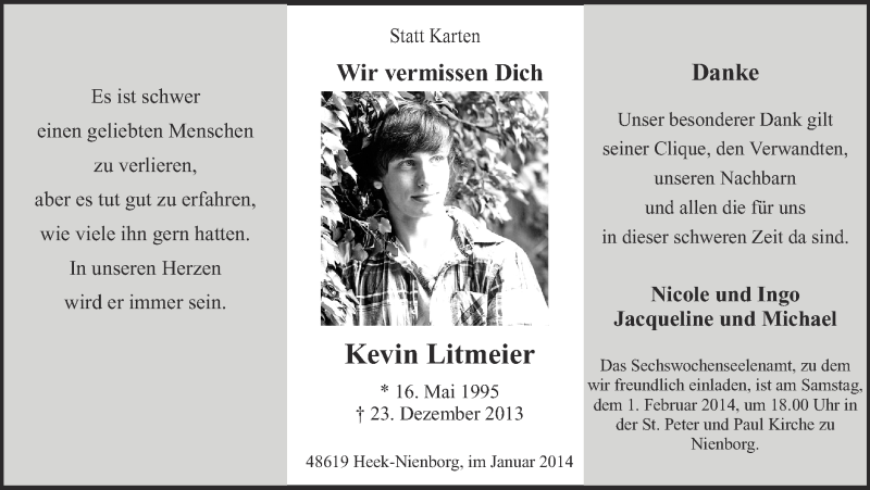  Traueranzeige für Kevin Litmeier vom 25.01.2014 aus Münstersche Zeitung und Münsterland Zeitung