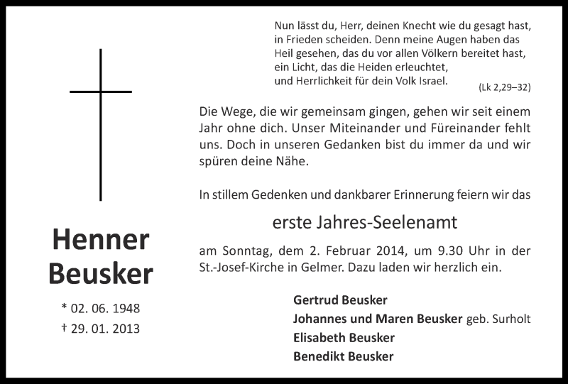  Traueranzeige für Henner Beusker vom 25.01.2014 aus Münstersche Zeitung und Grevener Zeitung