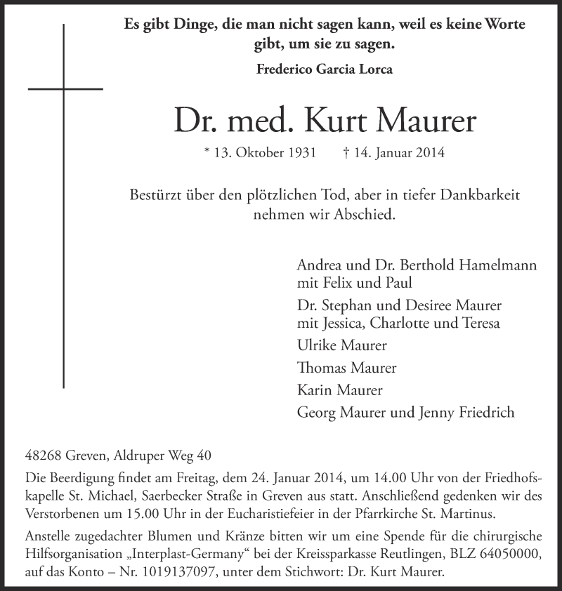  Traueranzeige für Kurt Maurer vom 21.01.2014 aus Münstersche Zeitung und Grevener Zeitung