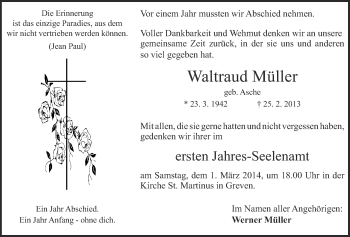 Anzeige von Waltraud Müller von Münstersche Zeitung und Grevener Zeitung
