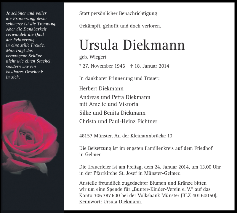  Traueranzeige für Ursula Diekmann vom 22.01.2014 aus Münstersche Zeitung und Grevener Zeitung