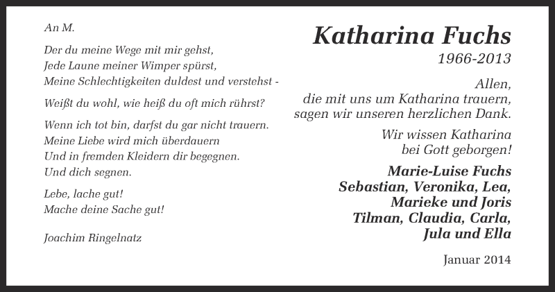  Traueranzeige für Katharina Fuchs vom 25.01.2014 aus Münstersche Zeitung und Grevener Zeitung