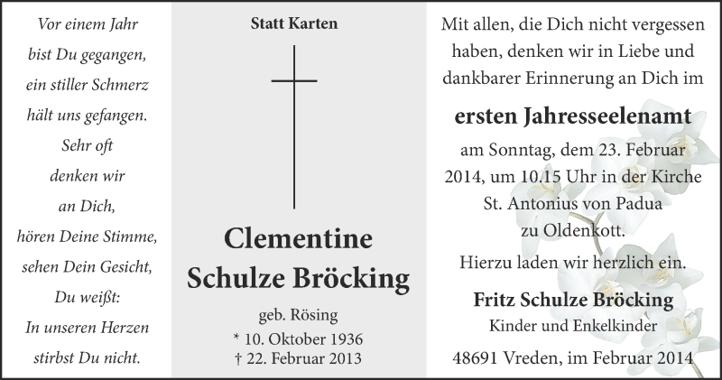 Traueranzeige für Clementine Schulze Bröcking vom 19.02.2014 aus Münstersche Zeitung und Münsterland Zeitung