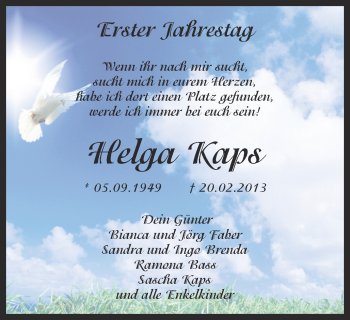 Anzeige von Helga Kaps von Münstersche Zeitung und Grevener Zeitung