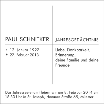 Anzeige von Paul Schnitker von Münstersche Zeitung, Emsdettener Volkszeitung, Grevener Zeitung und Münsterland Zeitung