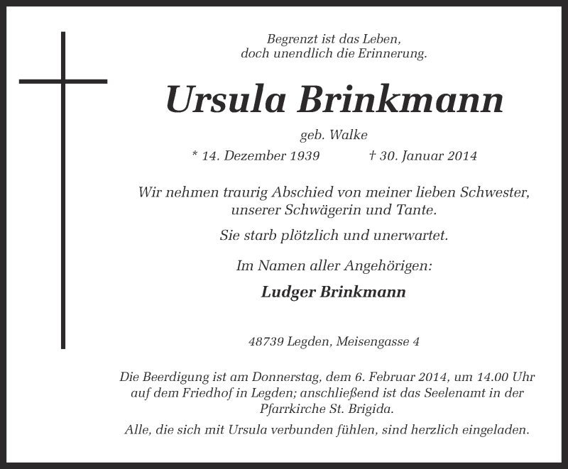  Traueranzeige für Ursula Brinkmann vom 04.02.2014 aus Münstersche Zeitung und Münsterland Zeitung