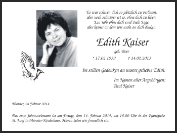 Anzeige von Edith Kaiser von Münstersche Zeitung und Grevener Zeitung