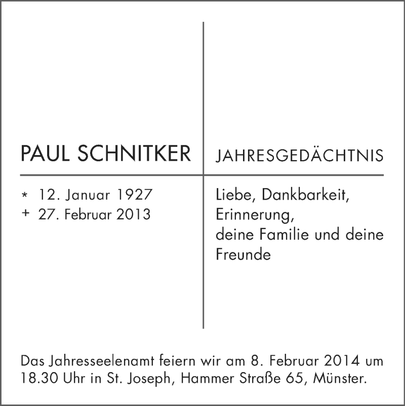  Traueranzeige für Paul Schnitker vom 08.02.2014 aus Münstersche Zeitung, Emsdettener Volkszeitung, Grevener Zeitung und Münsterland Zeitung