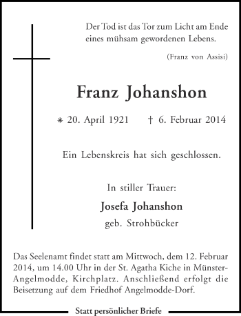 Anzeige von Franz Johanshon von Münstersche Zeitung und Grevener Zeitung