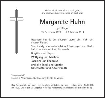Anzeige von Margarete Huhn von Münstersche Zeitung und Grevener Zeitung