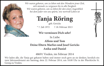 Anzeige von Tanja Röring von Münstersche Zeitung und Münsterland Zeitung