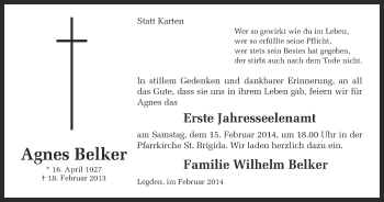 Anzeige von Agnes Belker von Münstersche Zeitung und Münsterland Zeitung