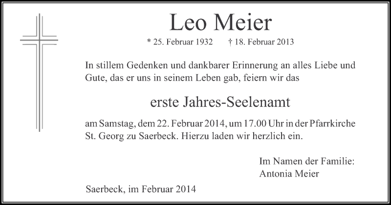  Traueranzeige für Leo Meier vom 15.02.2014 aus Münstersche Zeitung und Grevener Zeitung