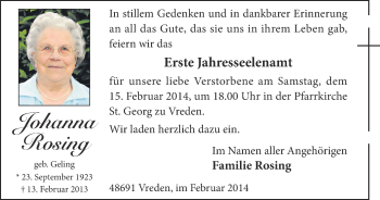 Anzeige von Johanna Rosing von Münstersche Zeitung und Münsterland Zeitung