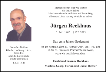 Anzeige von Jürgen Reckhaus von Münstersche Zeitung und Grevener Zeitung