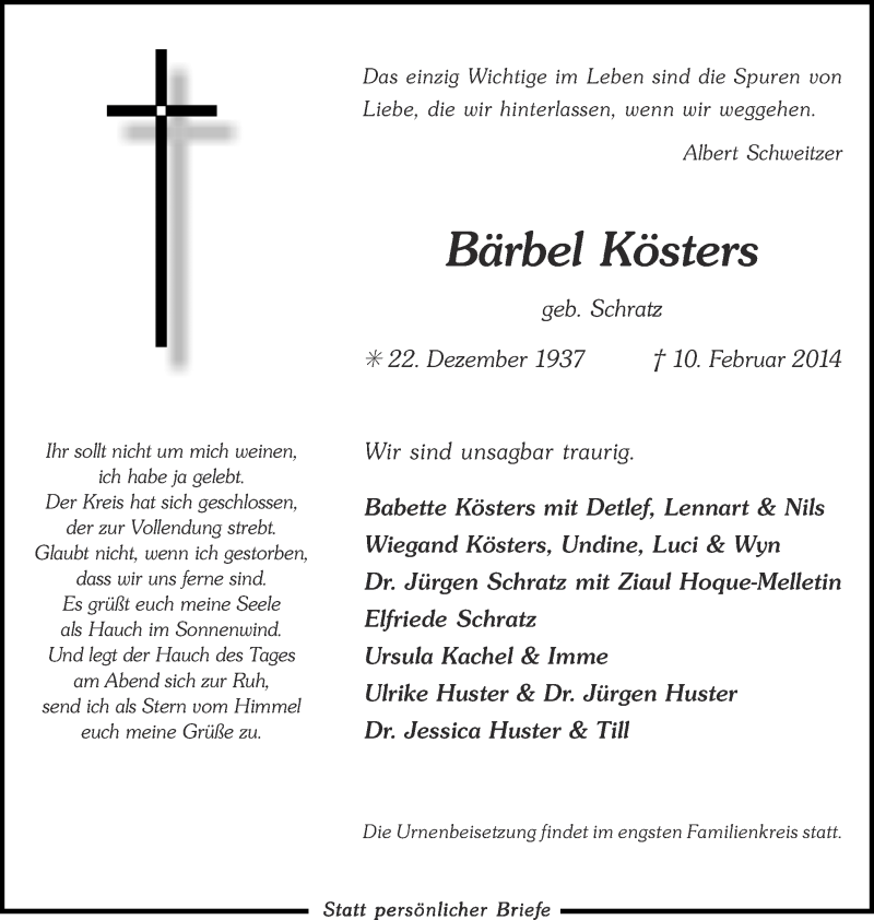  Traueranzeige für Bärbel Kösters vom 15.02.2014 aus Münstersche Zeitung und Grevener Zeitung