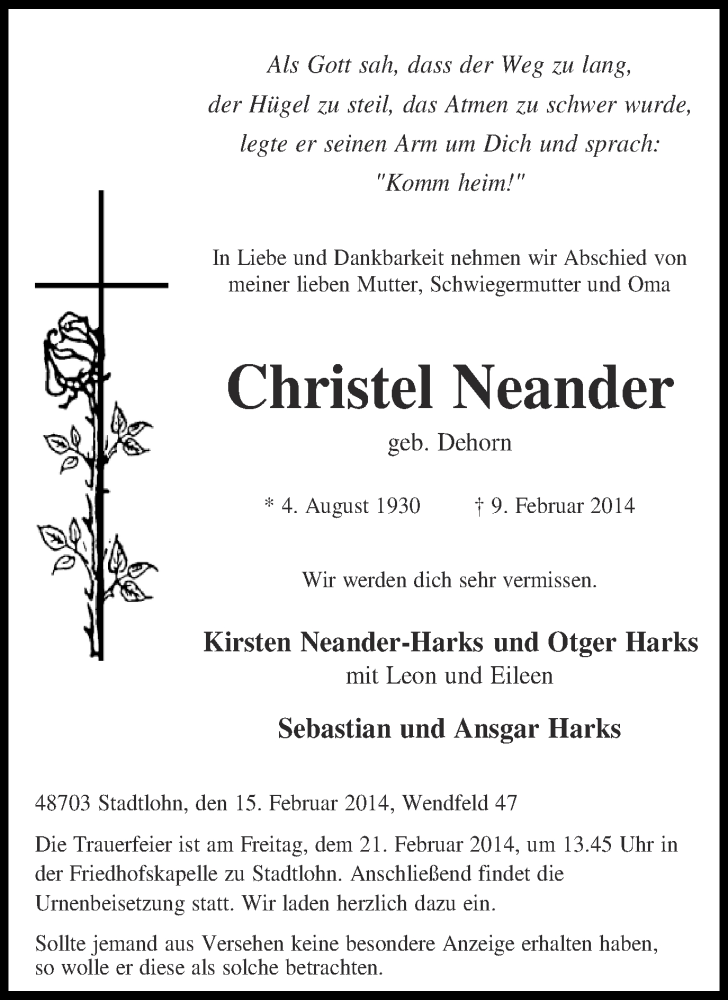  Traueranzeige für Christel Neander vom 15.02.2014 aus Münstersche Zeitung und Münsterland Zeitung