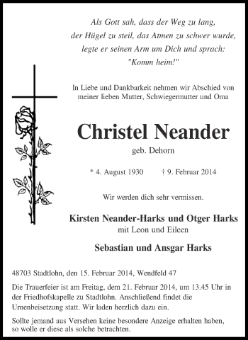 Anzeige von Christel Neander von Münstersche Zeitung und Münsterland Zeitung
