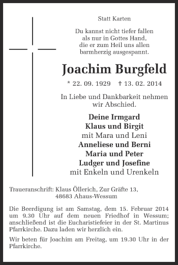 Anzeige von Joachim Burgfeld von Münstersche Zeitung und Münsterland Zeitung