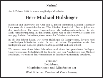 Anzeige von Michael Hülsheger von Münstersche Zeitung und Grevener Zeitung
