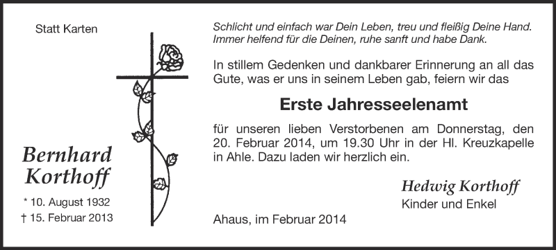  Traueranzeige für Bernhard Korthoff vom 17.02.2014 aus Münstersche Zeitung und Münsterland Zeitung