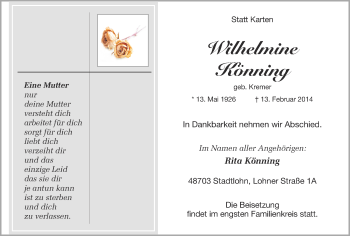 Anzeige von Wilhelmine Könning von Münstersche Zeitung und Münsterland Zeitung