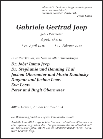 Anzeige von Gabriele Gertrud Jeep von Münstersche Zeitung und Grevener Zeitung