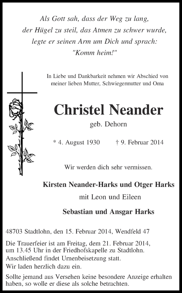  Traueranzeige für Christel Neander vom 15.02.2014 aus Ruhr Nachrichten