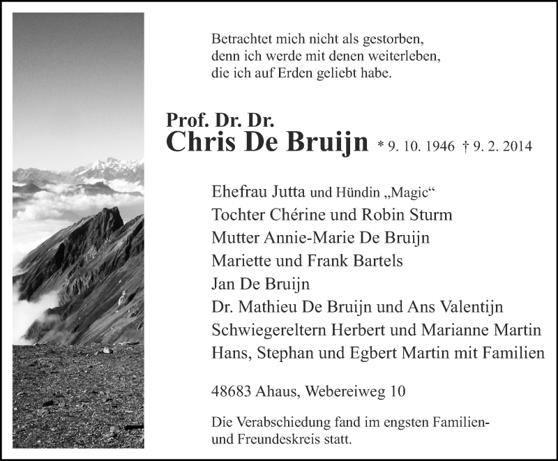  Traueranzeige für Chris De Bruijn vom 15.02.2014 aus Münstersche Zeitung und Münsterland Zeitung