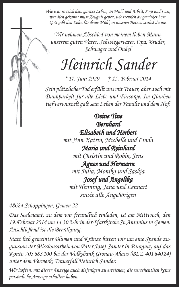  Traueranzeige für Heinrich Sander vom 18.02.2014 aus Münstersche Zeitung und Münsterland Zeitung