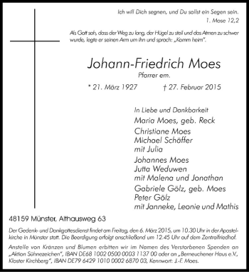 Anzeige von Johann-Friedich Moes von Westfälische Nachrichten