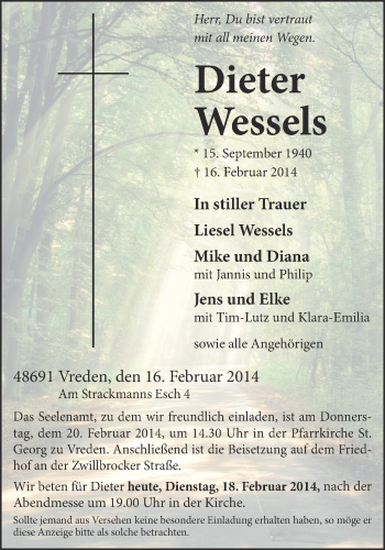 Anzeige von Dieter Wessels von Münstersche Zeitung und Münsterland Zeitung