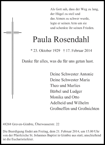 Anzeige von Paula Rosendahl von Münstersche Zeitung und Grevener Zeitung