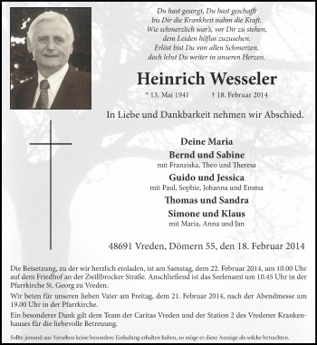 Anzeige von Heinrich Wessels von Münstersche Zeitung und Münsterland Zeitung