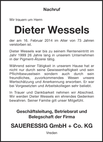 Anzeige von Dieter Wessels von Münstersche Zeitung und Münsterland Zeitung
