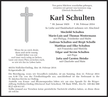 Anzeige von Karl Schulten von Münstersche Zeitung und Münsterland Zeitung