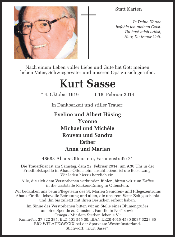  Traueranzeige für Kurt Sasse vom 20.02.2014 aus Münstersche Zeitung und Münsterland Zeitung