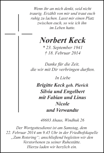 Anzeige von Norbert Keck von Münstersche Zeitung und Münsterland Zeitung