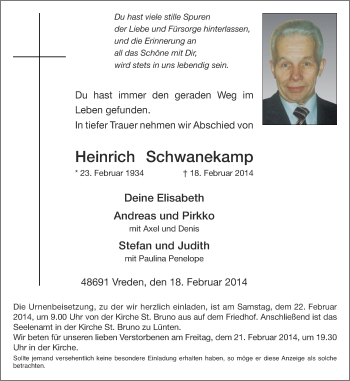 Anzeige von Heinrich Schwanekamp von Münstersche Zeitung und Münsterland Zeitung