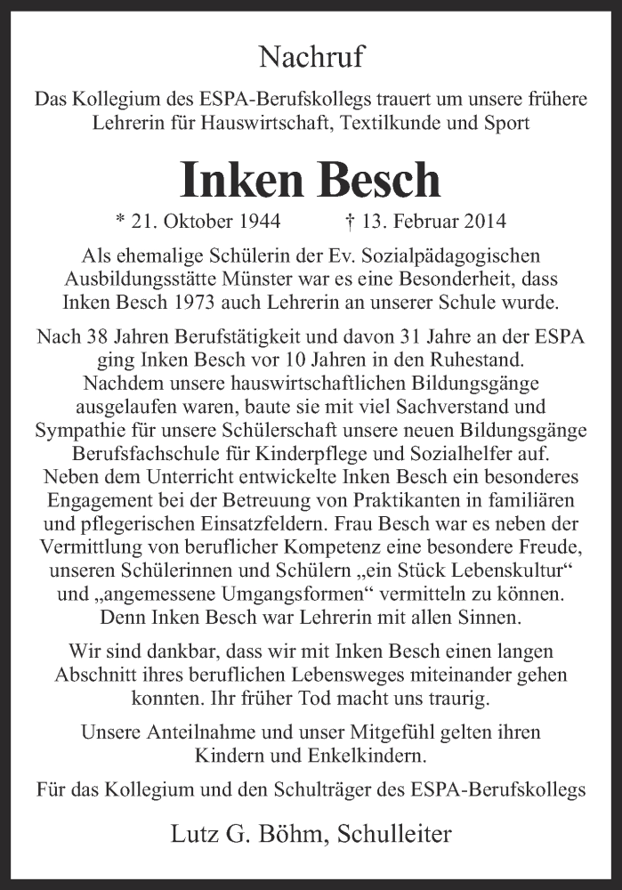  Traueranzeige für Inken Besch vom 22.02.2014 aus Münstersche Zeitung und Grevener Zeitung