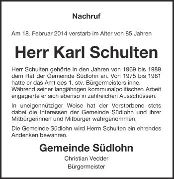 Anzeige von Karl Schulten von Münstersche Zeitung und Münsterland Zeitung
