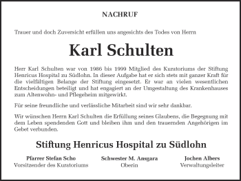 Anzeige von Karl Schulten von Münstersche Zeitung und Münsterland Zeitung
