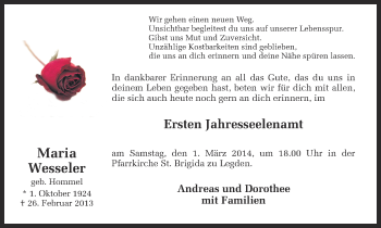 Anzeige von Maria Wesseler von Münstersche Zeitung und Münsterland Zeitung