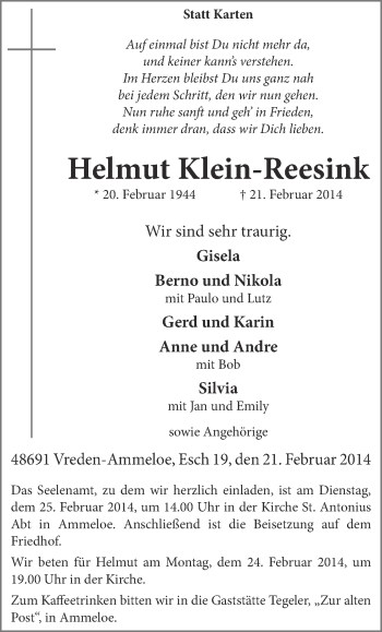 Anzeige von Helmut Klein-Reesink von Münstersche Zeitung und Münsterland Zeitung