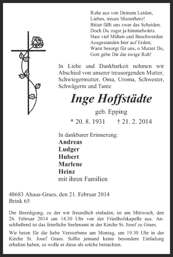 Anzeige von Inge Hoffstädte von Münstersche Zeitung und Münsterland Zeitung