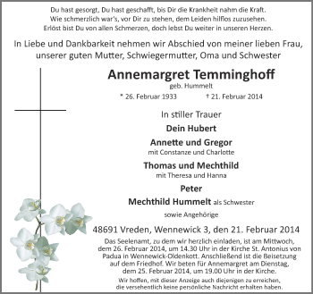 Anzeige von Annemargret Temminghoff von Münstersche Zeitung und Münsterland Zeitung