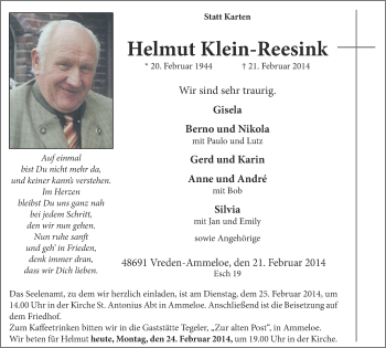 Anzeige von Helmut Klein-Reesink von Münstersche Zeitung und Münsterland Zeitung
