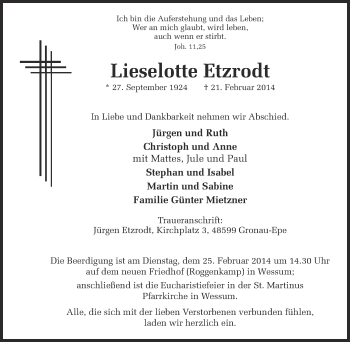 Anzeige von Lieselotte Etzrodt von Münstersche Zeitung und Münsterland Zeitung
