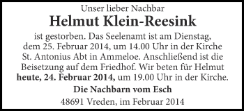 Anzeige von Helmut Klein-Reesink von Münstersche Zeitung und Münsterland Zeitung